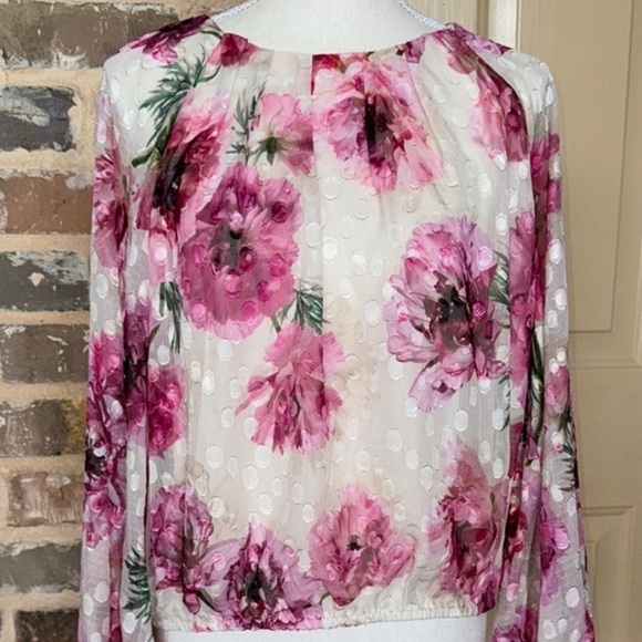 Express Pink Floral Gathered Neck Balloon Sleeve Top Clip Dot Lined Sz Large - Picture 10 of 13
